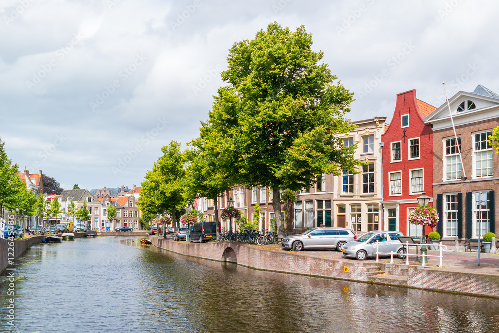 Gables of historic houses on Rapenburg canal in old town of Leiden, South Holland, Netherlands