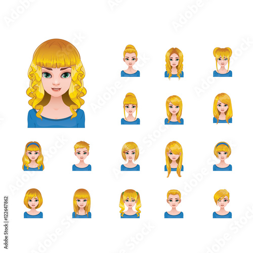 Blonde woman with various hairstyles