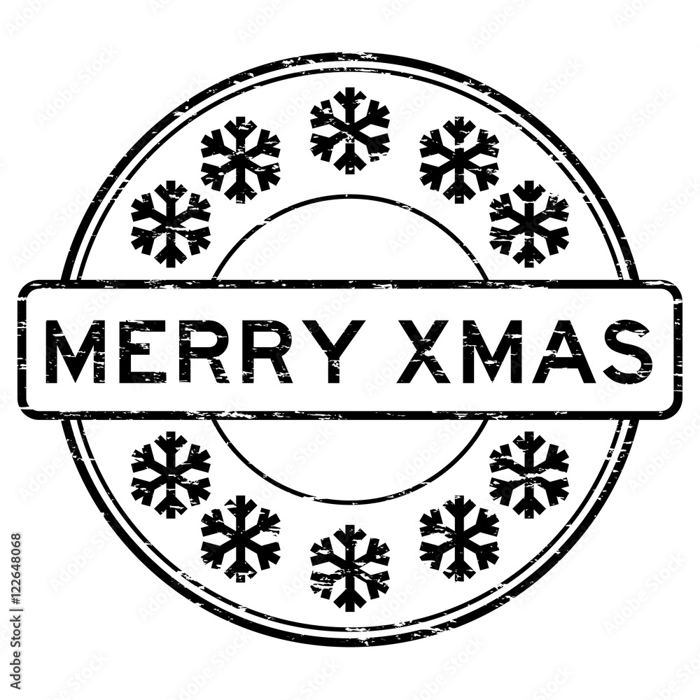 Grunge black Merry xmas with snowflake rubber stamp