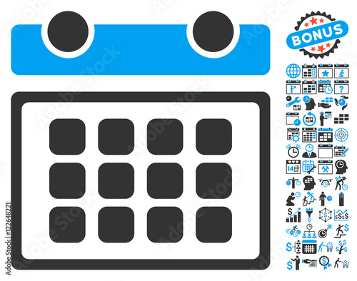 Calendar Month pictograph with bonus calendar and time management icon set. Vector illustration style is flat iconic bicolor symbols, blue and gray colors, white background.