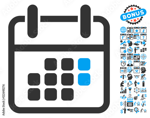 Calendar Weekend pictograph with bonus calendar and time management pictograph collection. Vector illustration style is flat iconic bicolor symbols, blue and gray colors, white background.