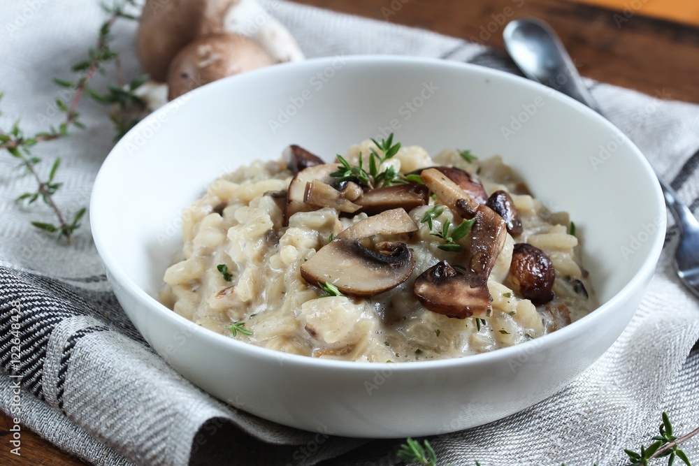 Mushroom Risotto served in a bowl, selective focus Mushroom Risotto served in a bowl, selective focus