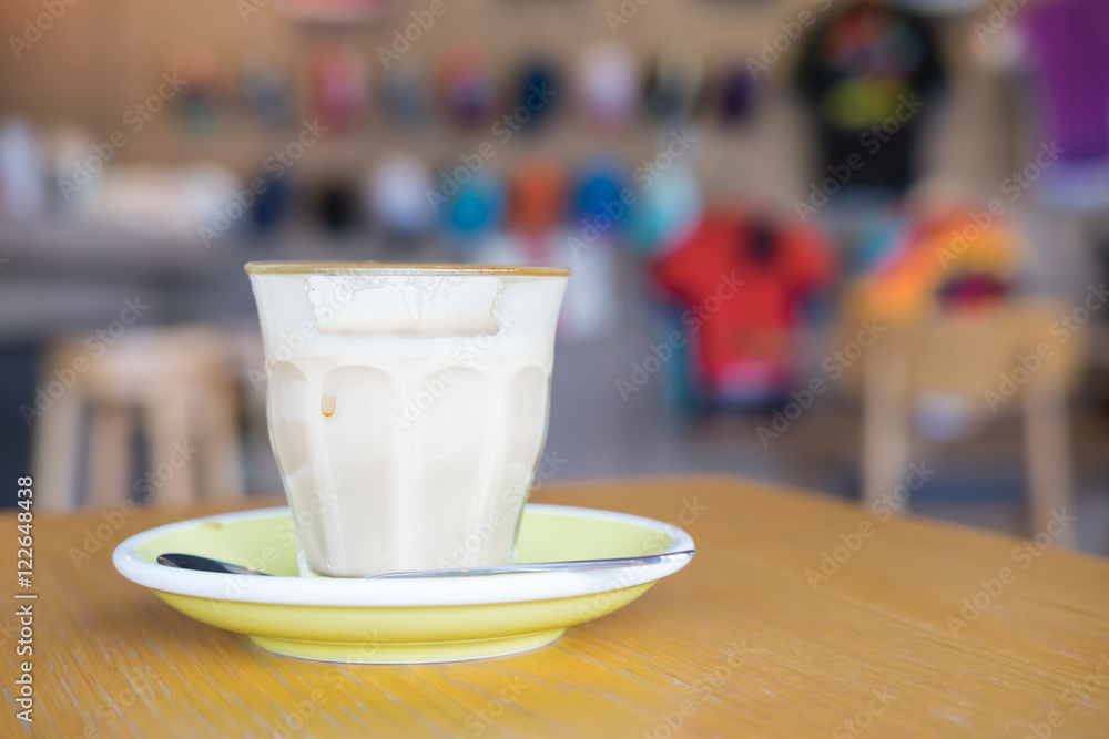 Hot Latte Coffee on wooden table, copy space Hot Latte Coffee on wooden table, copy space