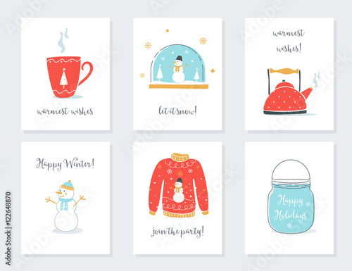 Christmas, New Year and Winter Holidays Cards with Vintage Sentimental Objects. Tea Mug, Snow Globe, Kettle, Sweater, Mason Jar Illustrations.