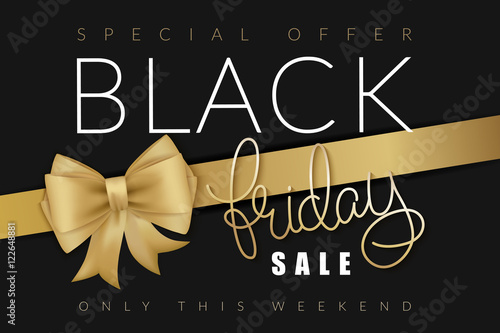 vector illustration of black friday banner with hand lettering golden word - friday - and golden ribbon with bow