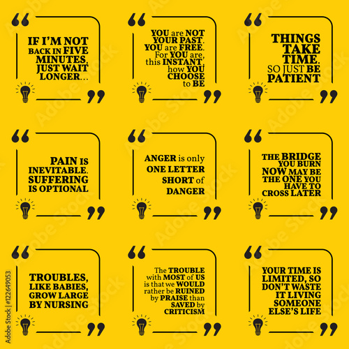 Set of motivational quotes about past, waiting, pain, anger, troubles, criticism and time. Simple note design typography poster. Vector illustration