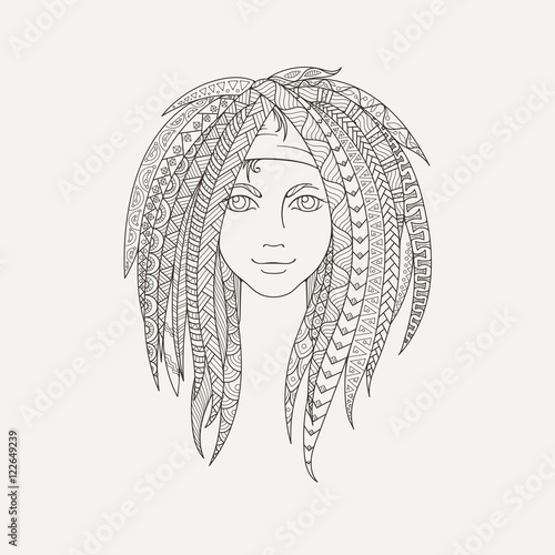 Young girl with patterned zentangle dreadlocks. Ornate hairstyle.