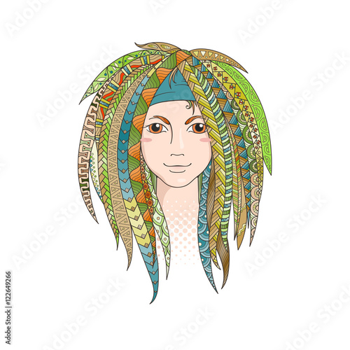 Colorful young girl with patterned zentangle dreadlocks. Ornate hairstyle.