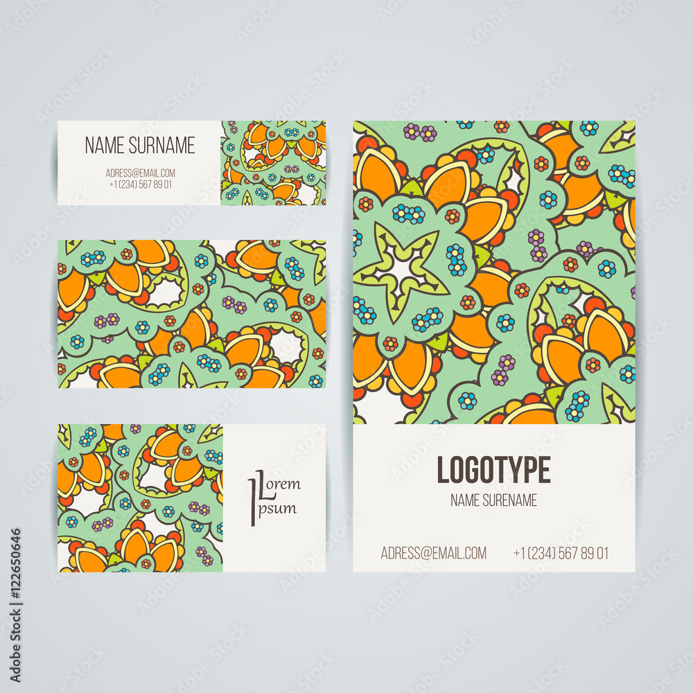 Fototapeta premium Set of vector design templates. Business card with floral circle ornament. Mandala style.