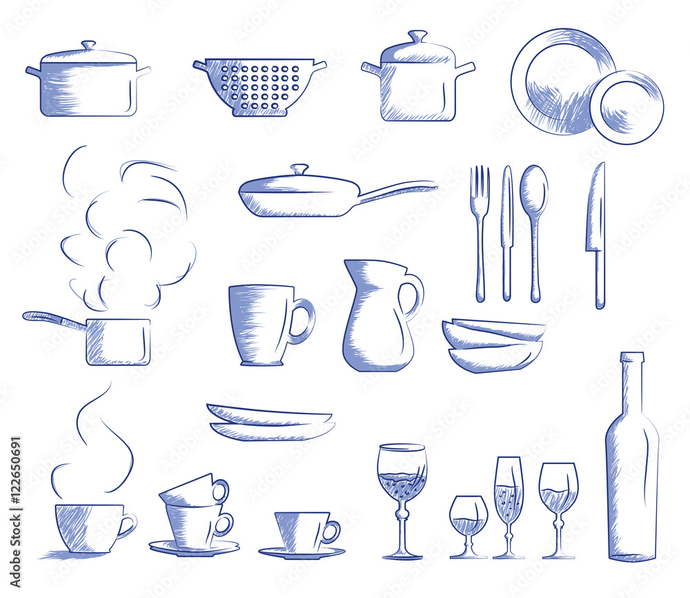 Sketch kitchen tools. Cooking utensils hand drawn kitchenware. Doodle By  Microvector | TheHungryJPEG