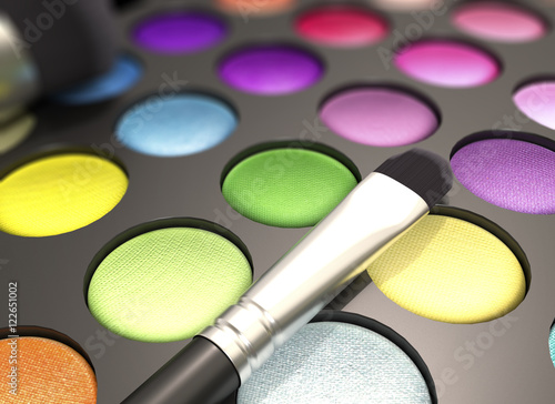 Make up brushes on colorful shadows set, 3d illustration photo