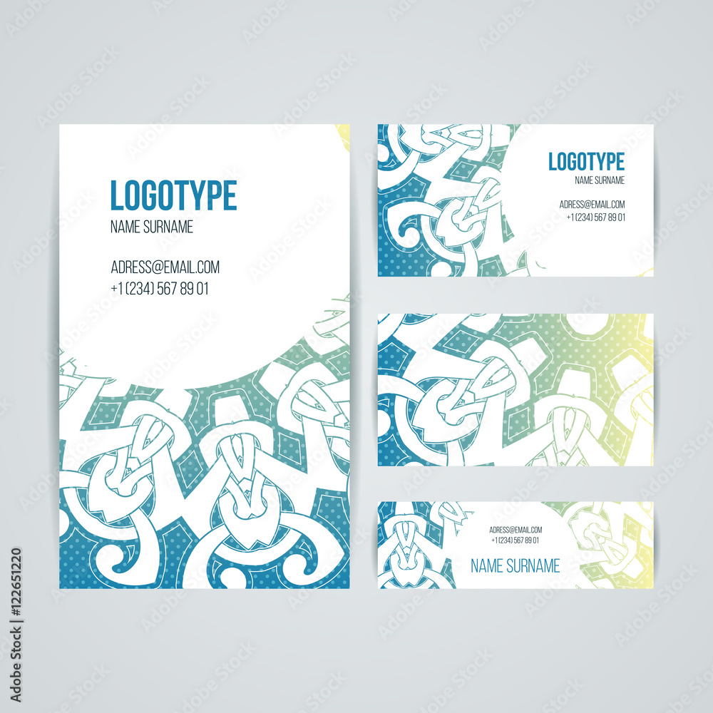 Naklejka premium Set of vector design templates. Business card with floral circle ornament. Mandala style.