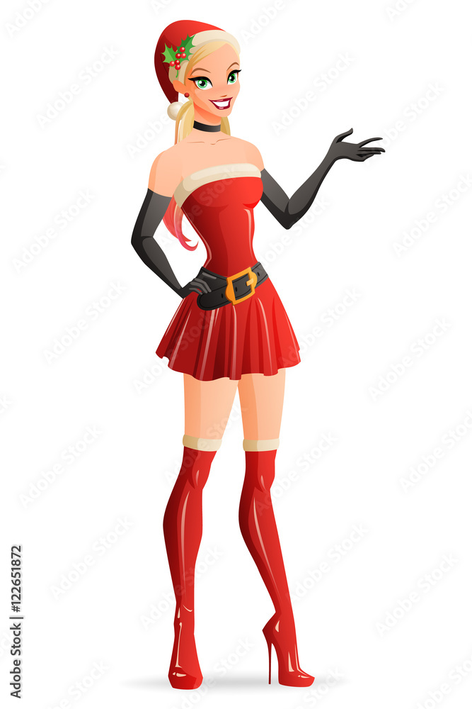 Young woman in red Christmas Santa costume presenting. Vector illustration. Young woman in red Christmas Santa costume presenting. Vector illustration.