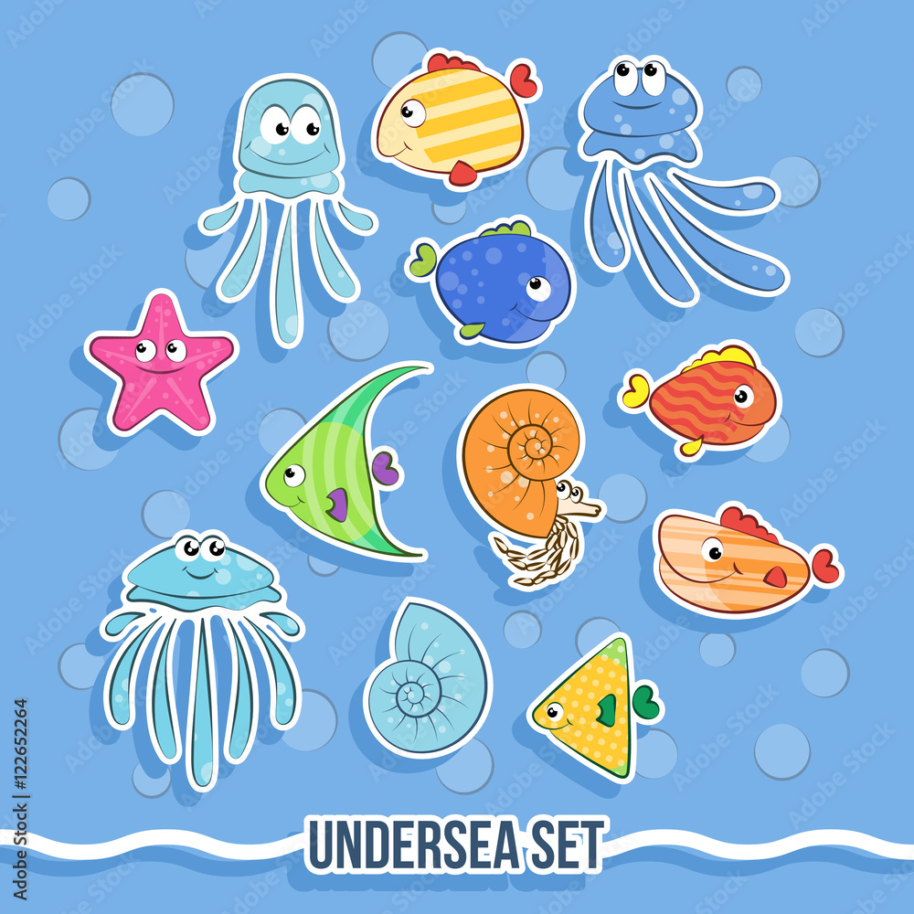 Set of vector fish and jellyfish. For children. Set of vector fish and jellyfish. For children.