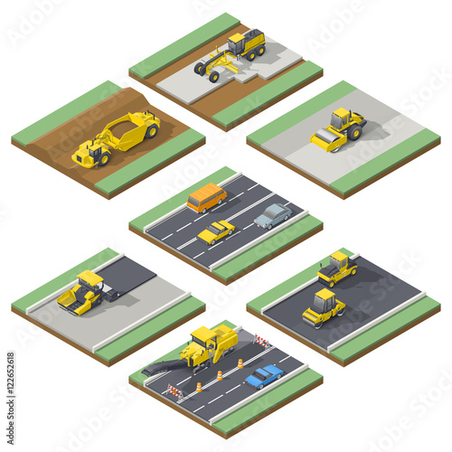 Isometric elements infographic showing the stages of construction or maintenance road with the appropriate using the technique