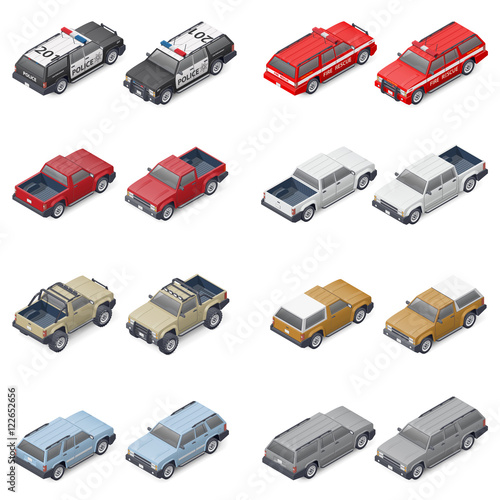 Isometric SUVs, pickup trucks, and service vehicles of police or fire brigade set icon