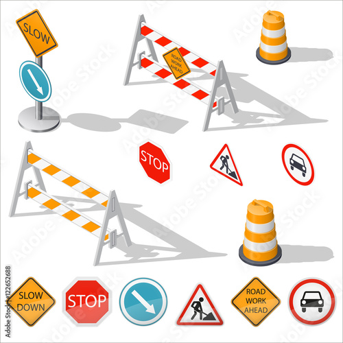 Road barriers and signs isometric detailed icon set