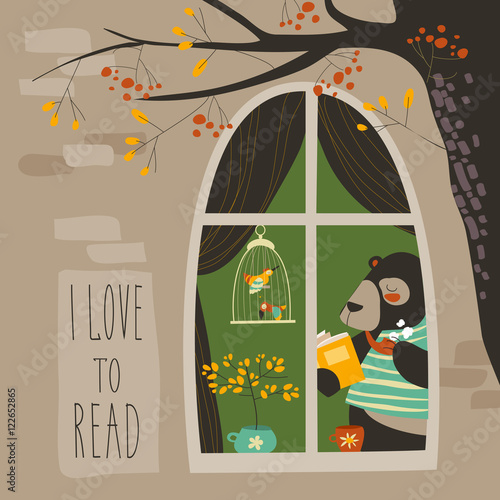 Bear reading a book near the window