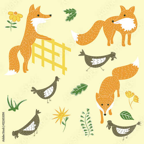 Sly foxes and chickens vector set