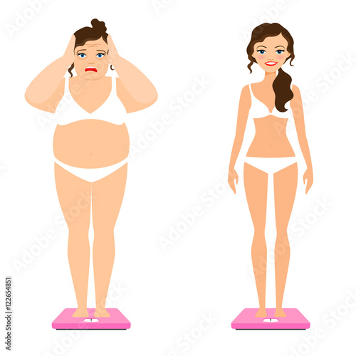 Women weight vector illustration. Slim woman and female overweight body on scale