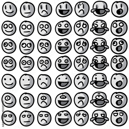 Emoji / Emoticon / Smiley Vector set. Black and white, on white background. Hand drawn, silly doodles. Vector file is grouped, ready to use!