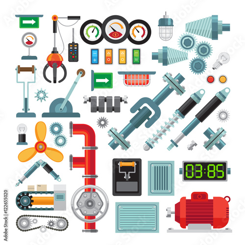 Machinery flat icons. Industrial equipment, mechanical gears and levers, machine parts