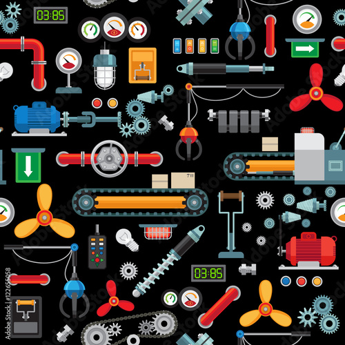Machinery industrial seamless pattern. Vector factory manufacturing industrial texture backgroind