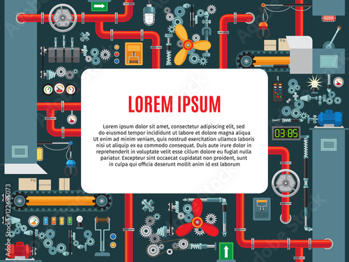 Industrial machines frame with text sample, machine gears, chains and technical elements. Vector illustration