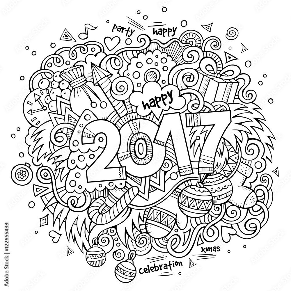 Cartoon cute doodles hand drawn 2017 year illustration