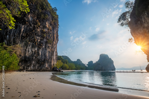 Huge mountains on island of Koh hong at sunset, Krabi province, Thailand photo