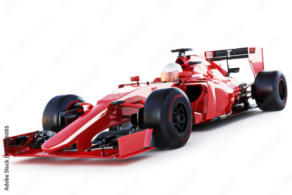 Race car and driver angled view on a white isolated background. 3d rendering Race car and driver angled view on a white isolated background. 3d rendering