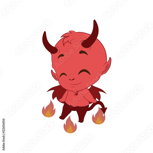 Little cute devil dancing around fire