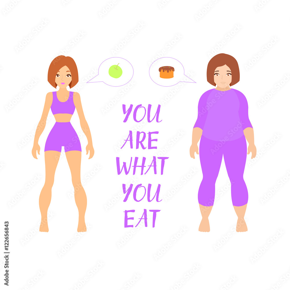 Fat and thin woman, vector flat illustration. Weight loss concept. Diet. Choice of girls: being fat or slim. Fat and thin woman, vector flat illustration. Weight loss concept. Diet. Choice of girls: being fat or slim.