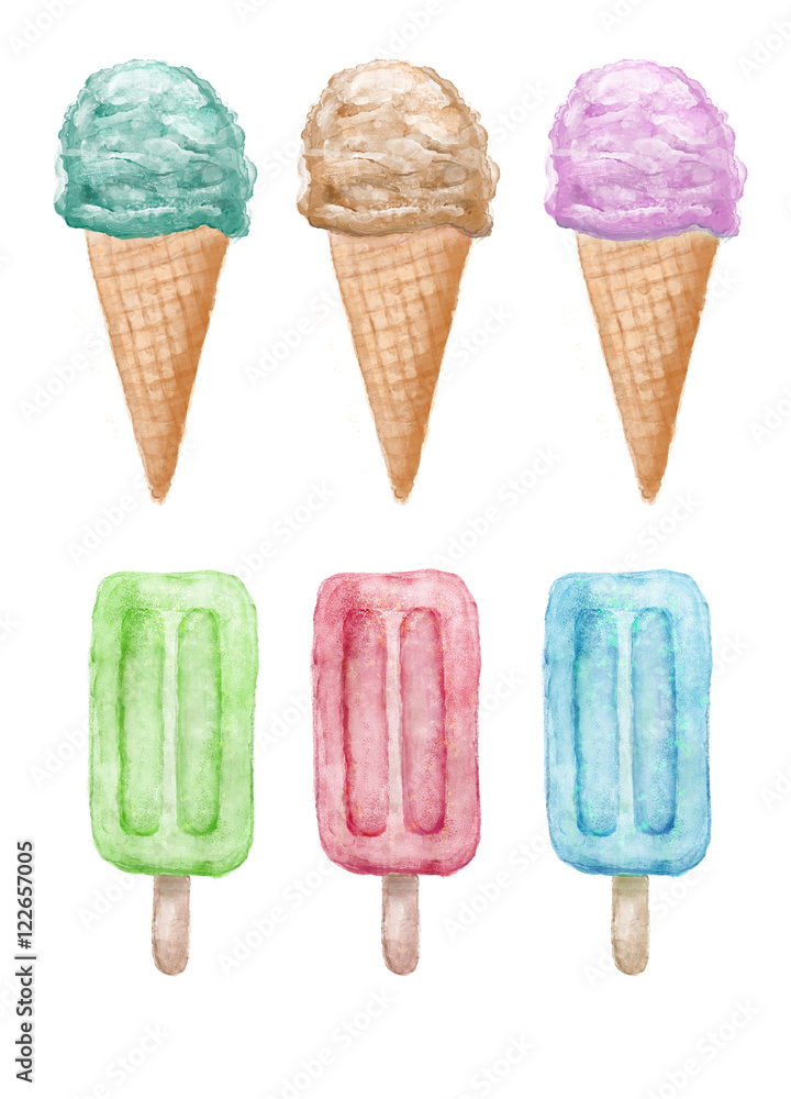 Watercolor ice creams on stick and cones hand painted illustration Watercolor ice creams on stick and cones hand painted illustration