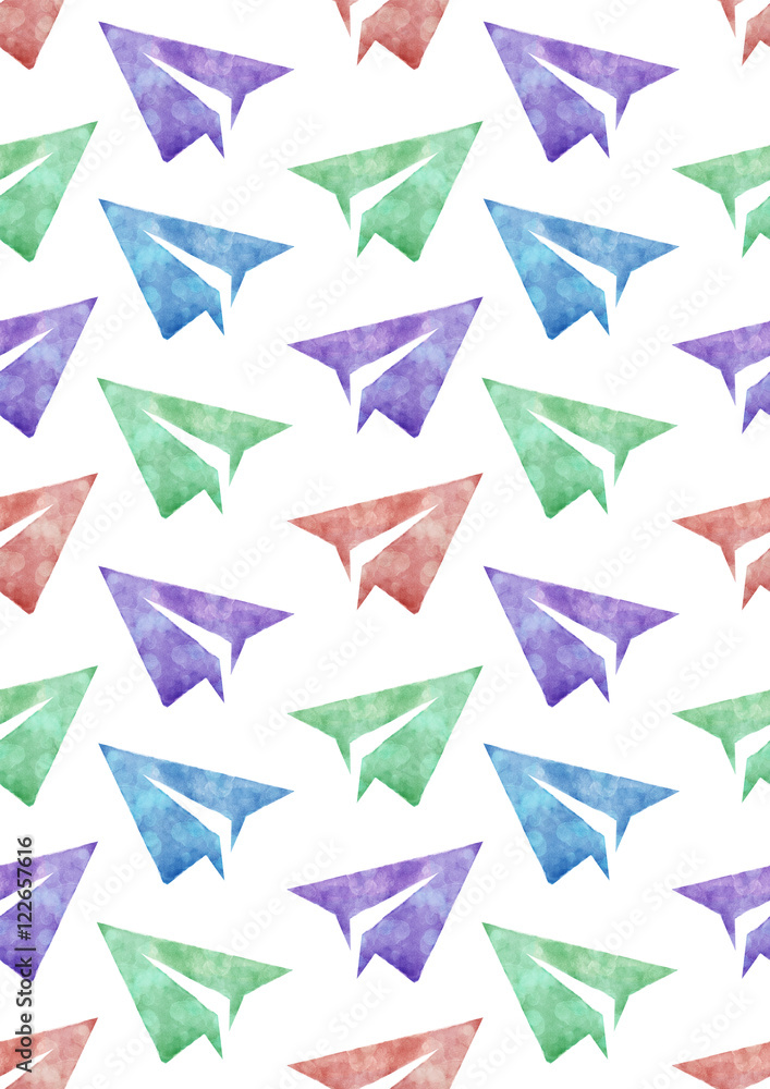 Fototapeta premium Bezszwowy akwarela wzór z papierowymi samolotami kolorowa ręka malująca ilustracja