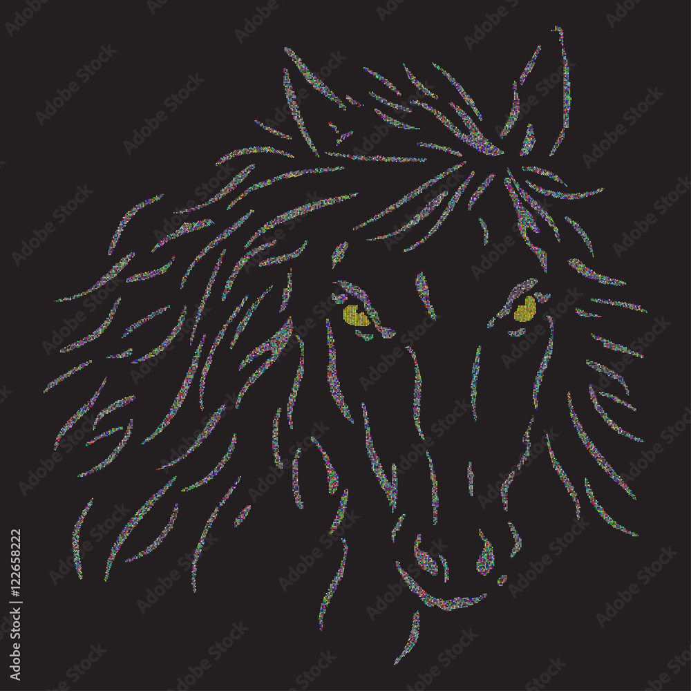 The horse's head on a black background. Colored halftone dots, pixel art. Horse Logo. Polo sign. Vector illustration. The horse's head on a black background. Colored halftone dots, pixel art. Horse Logo. Polo sign. Vector illustration.