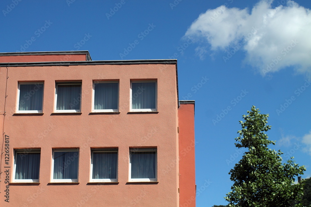 Pink building fragment with eight windows in two rows against blue summer sky with white cloud and green tree in right corner.
