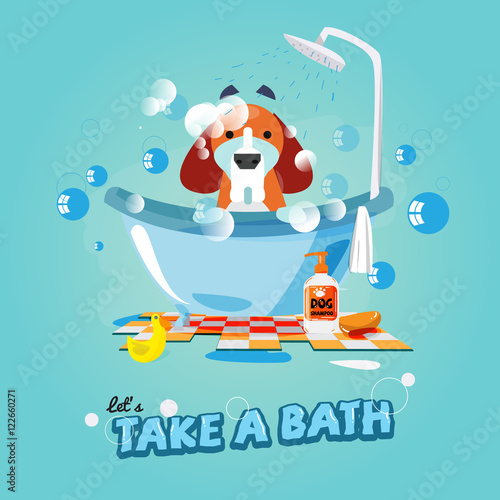 dog taking a bubble bath with his paws up on the rim of the tub.