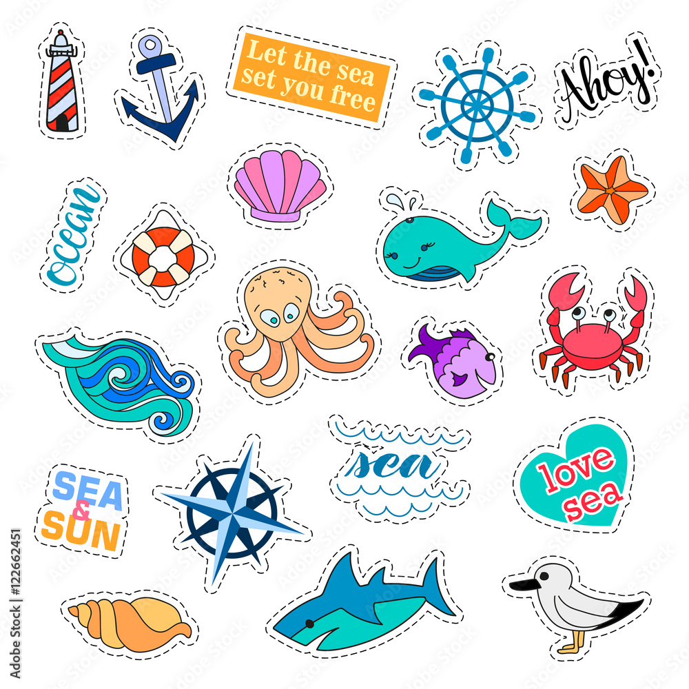 Fashion patch badges. Sea set. Stickers, pins, patches and handwritten notes collection in cartoon 80s-90s comic style. Trend. Vector illustration isolated. Vector clip art.