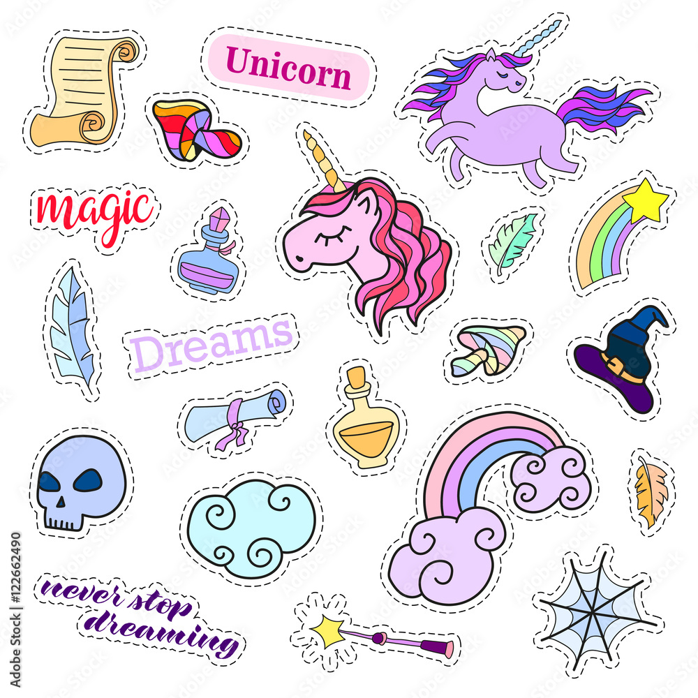Fashion patch badges. Magic set. Stickers, pins, patches, cute magic collection with unicorn and rainbow. 80s-90s comic style. Trend. Vector illustration isolated. Vector clip art.