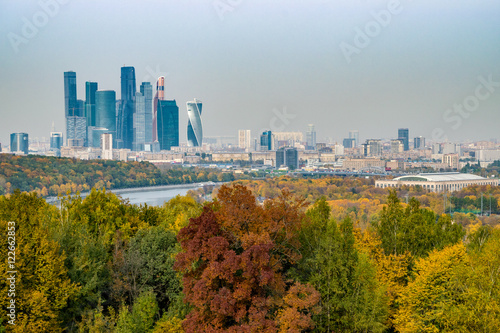 View of International Business Center “Moscow City” from a viewing platform on Sparrow Hills in the autumn. Moscow, Russia.