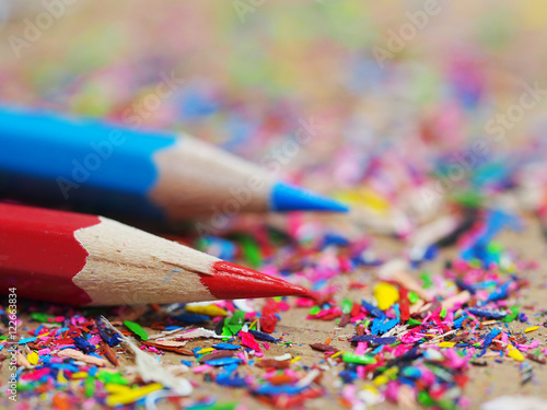 Sharpened colour pencil and pencil shavings