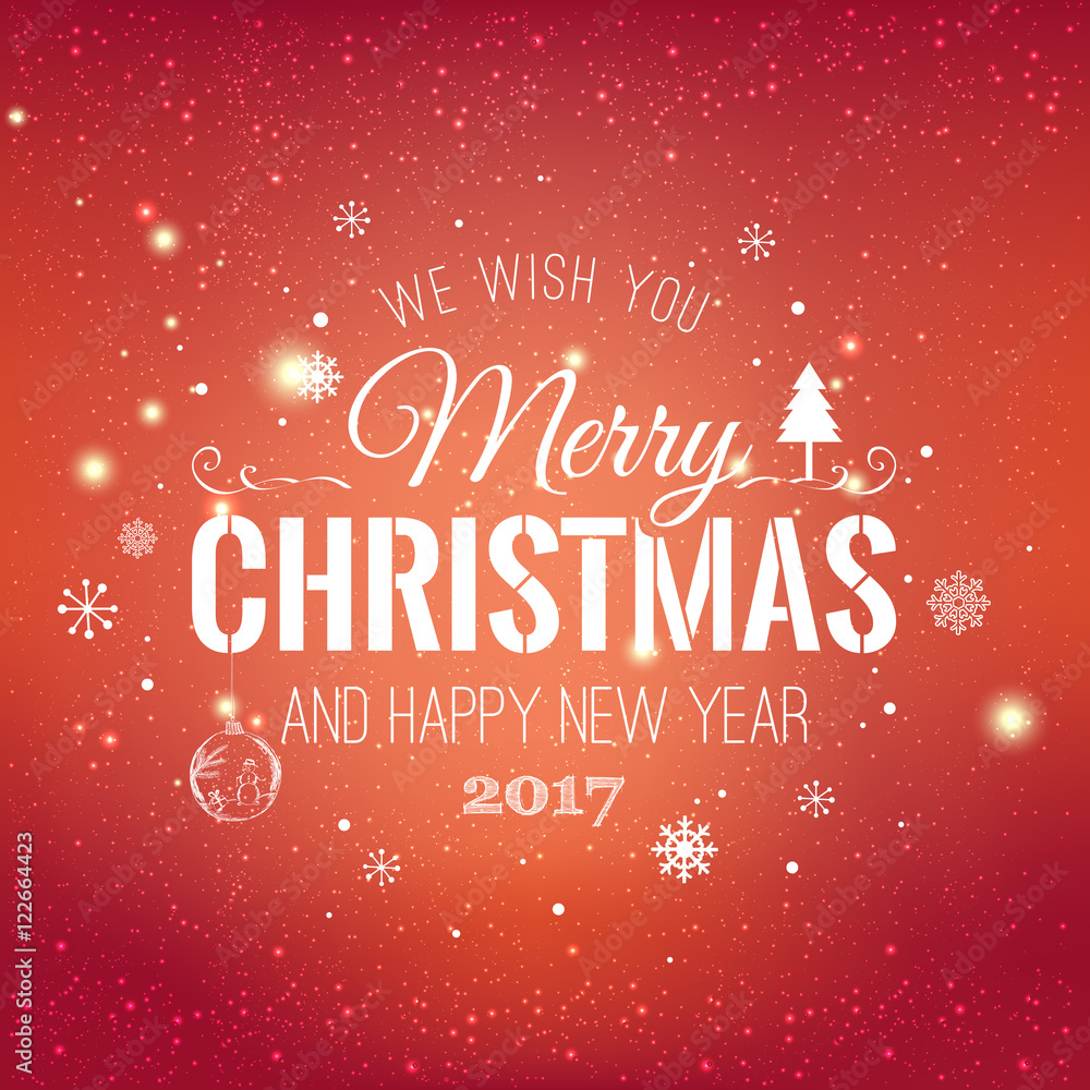 Christmas And New Year Typographical on shiny Xmas background with snowflakes, light, stars. Vector Illustration. Xmas card