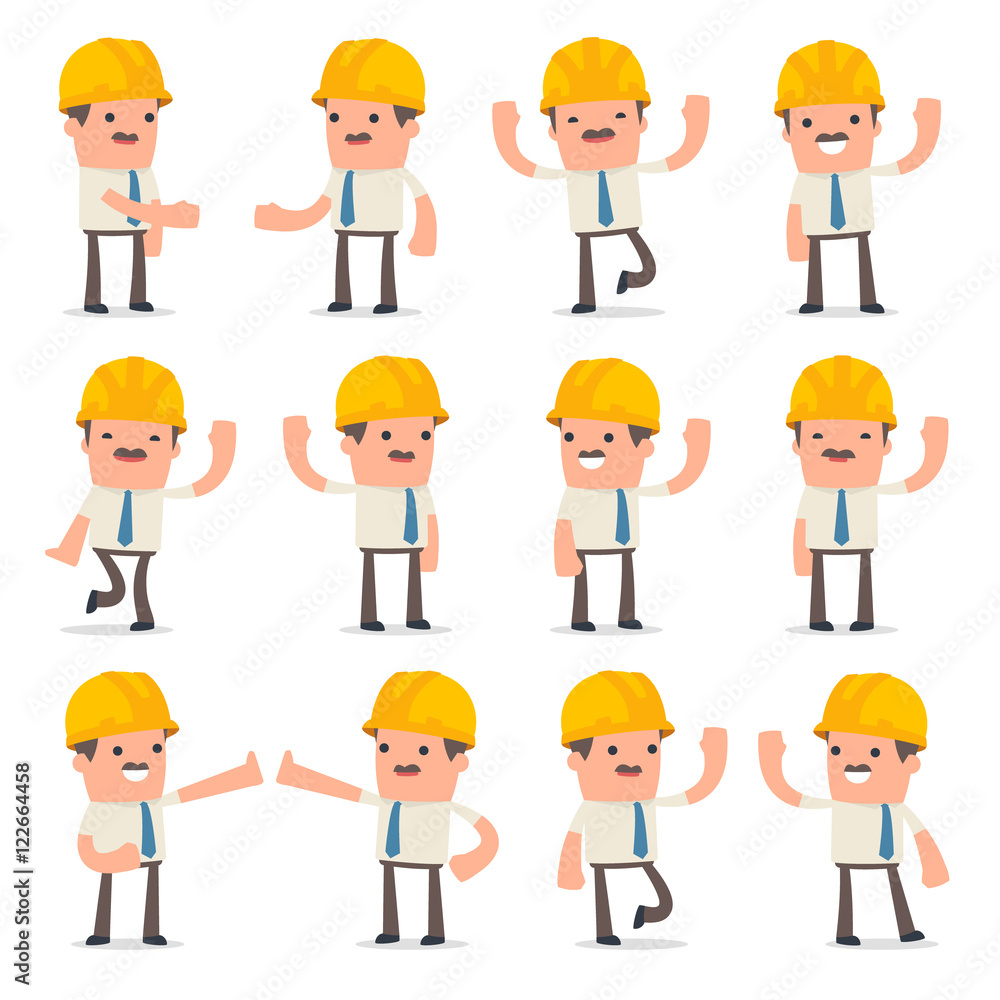 Set of Funny and Cheerful Character Foreman welcomes poses Set of Funny and Cheerful Character Foreman welcomes poses