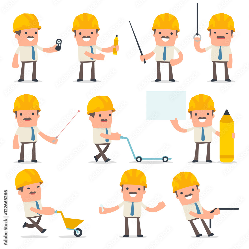 Set of Happy and Intelligent Character Foreman making presentati Set of Happy and Intelligent Character Foreman making presentati