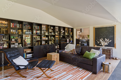 Living room interior with leather furniture and book cases