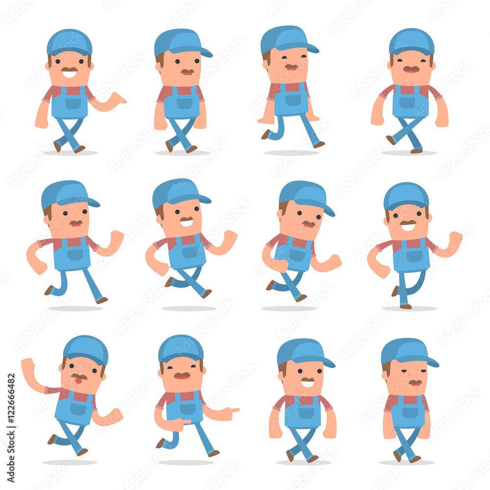 Set of Funny and Cheerful Character Technician goes and runs pos Set of Funny and Cheerful Character Technician goes and runs pos
