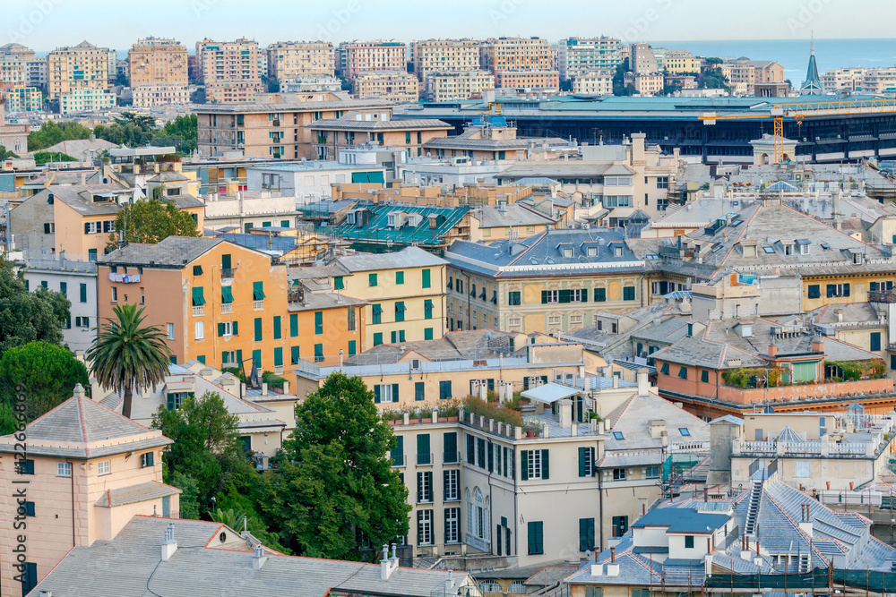 Aerial view of Genoa from the top the hill.