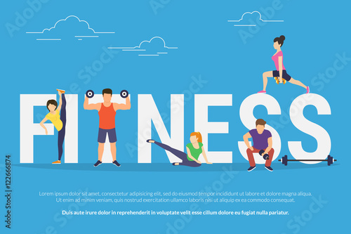 Fitness concept illustration of young people doing workout with equipment. Flat design of guys and women training near big letters fitness. Sport banner for landing page or promotion