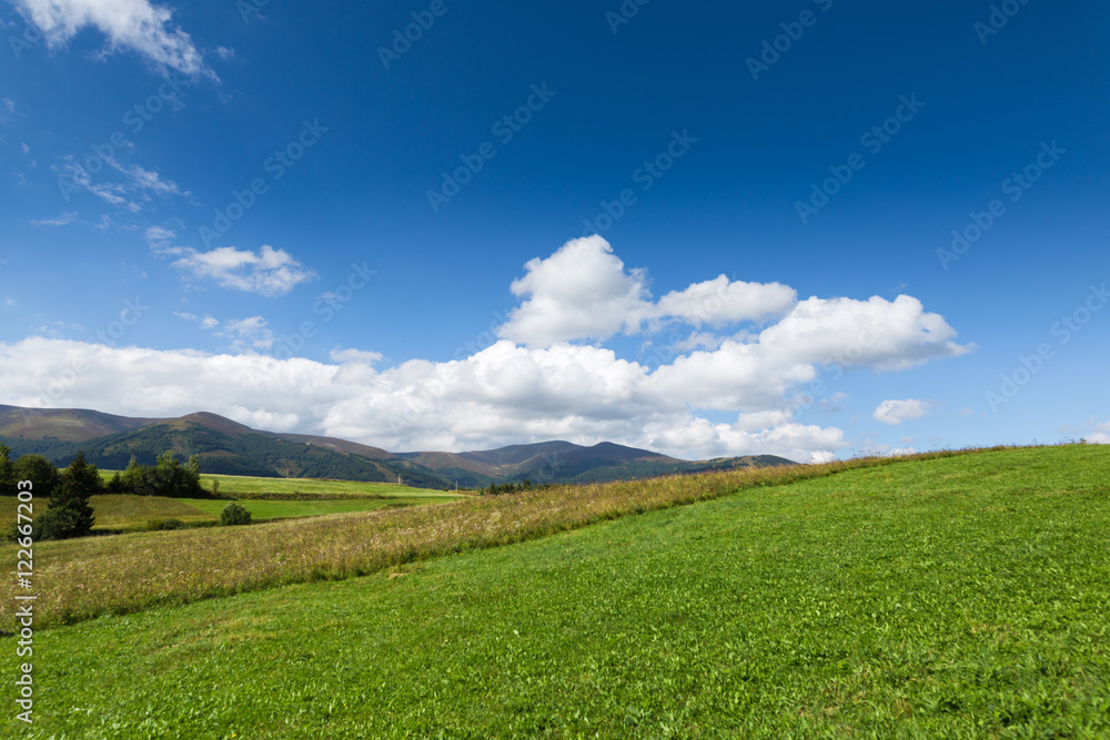 Green meadow, mountain and sky with clouds